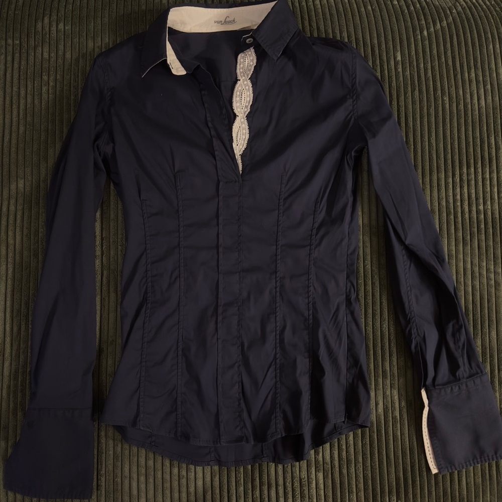 Van Laack Slim Fit Navy Button-Down Blouse with Lace Trim